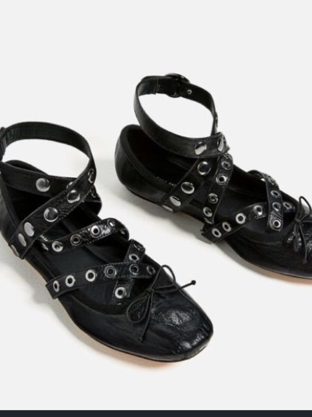 Zara Black Grommet Strappy Ankle Flats